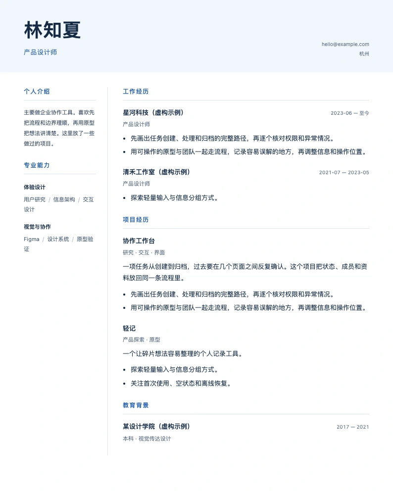 ME秀专业双栏简历:林知夏的职业经历、项目与能力分栏排版